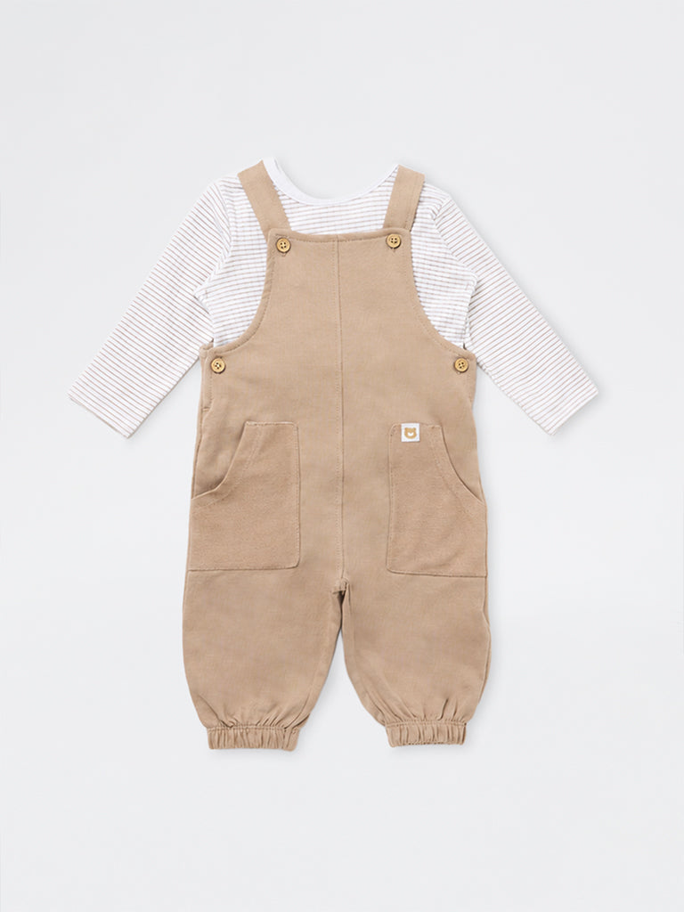HOP Baby Boys Dark Beige Cotton Dungaree with T-Shirt Set