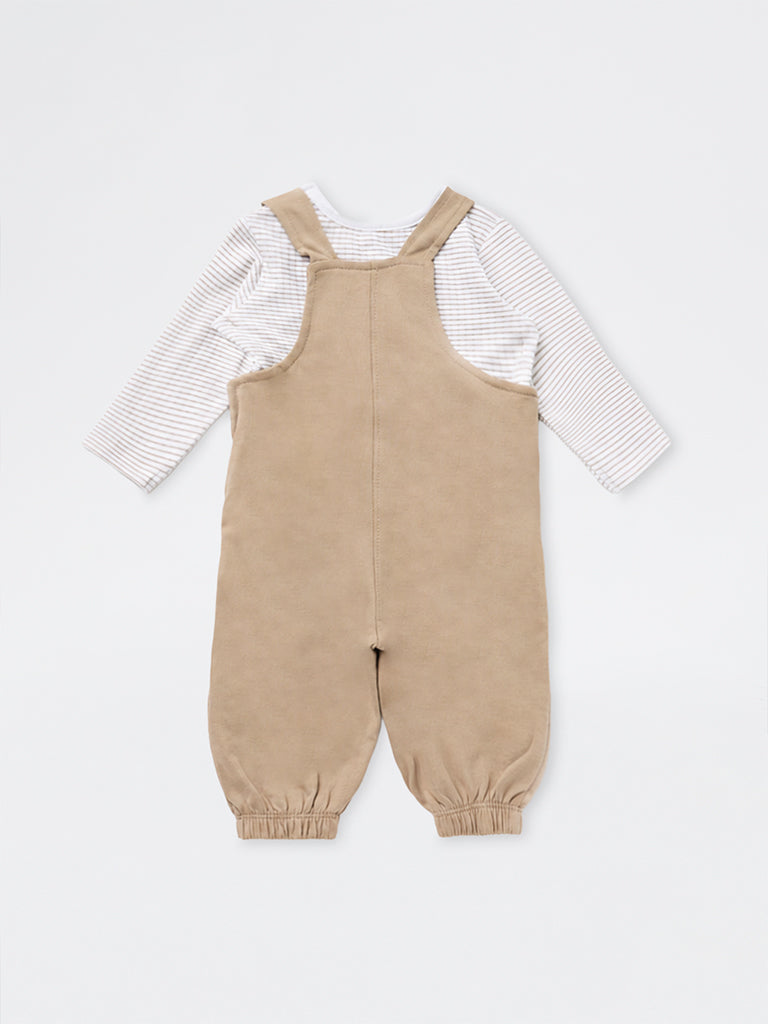 HOP Baby Boys Dark Beige Cotton Dungaree with T-Shirt Set