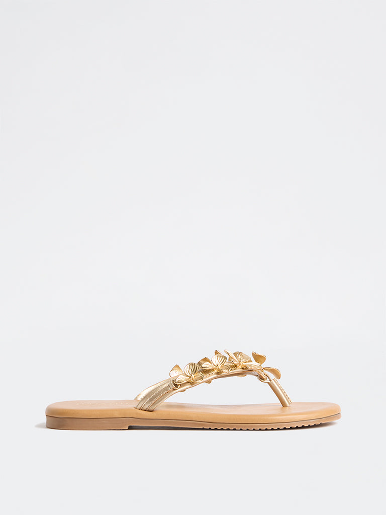 LUNA BLU Gold Floral Appliqué Thong-Strap Slides