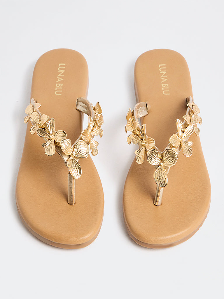 LUNA BLU Gold Floral Appliqué Thong-Strap Slides
