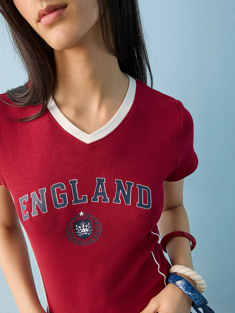 Nuon Red England Text-Printed Cotton-Blend Jersey T-Shirt