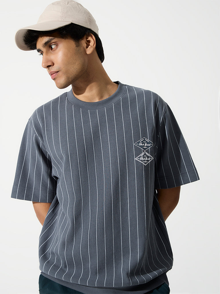 Nuoflexx Dusty Blue Striped Relaxed-Fit Cotton-Blend T-Shirt