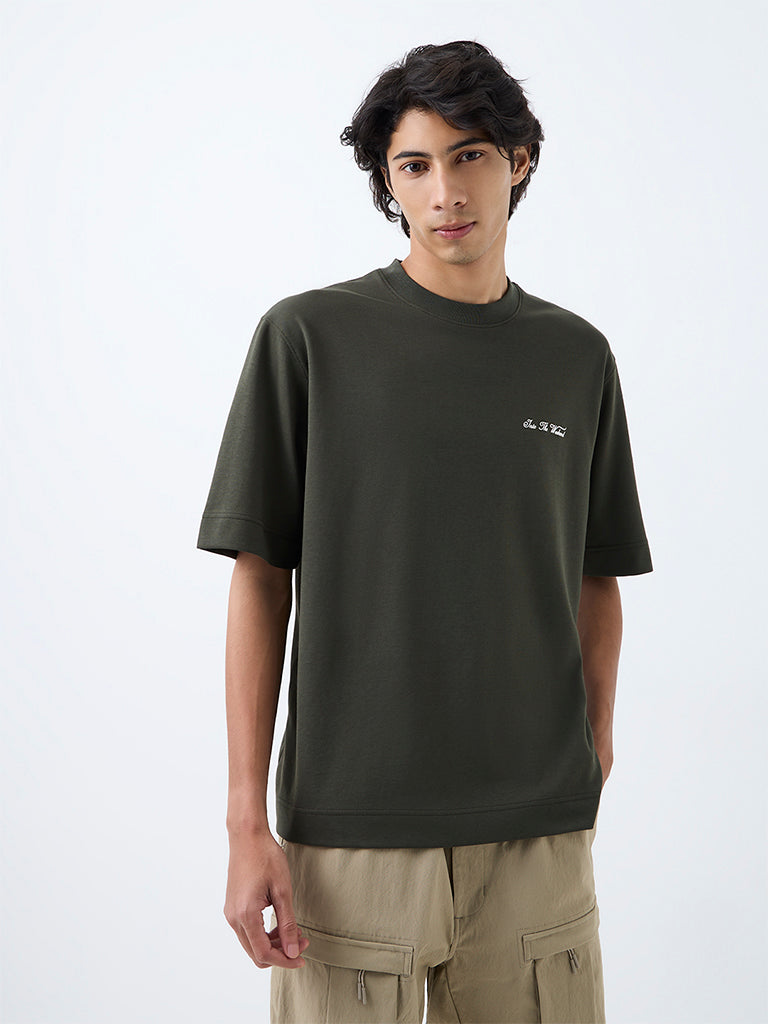 Nuoflexx Dark Olive Typography Relaxed-Fit T-Shirt