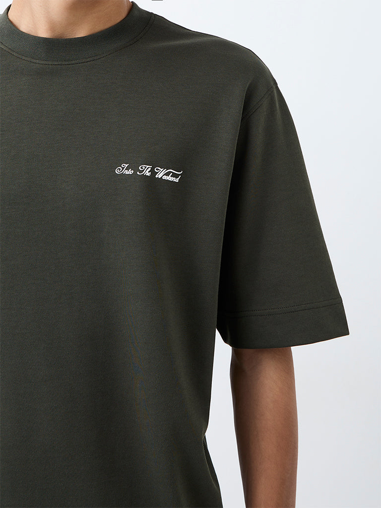 Nuoflexx Dark Olive Typography Relaxed-Fit T-Shirt