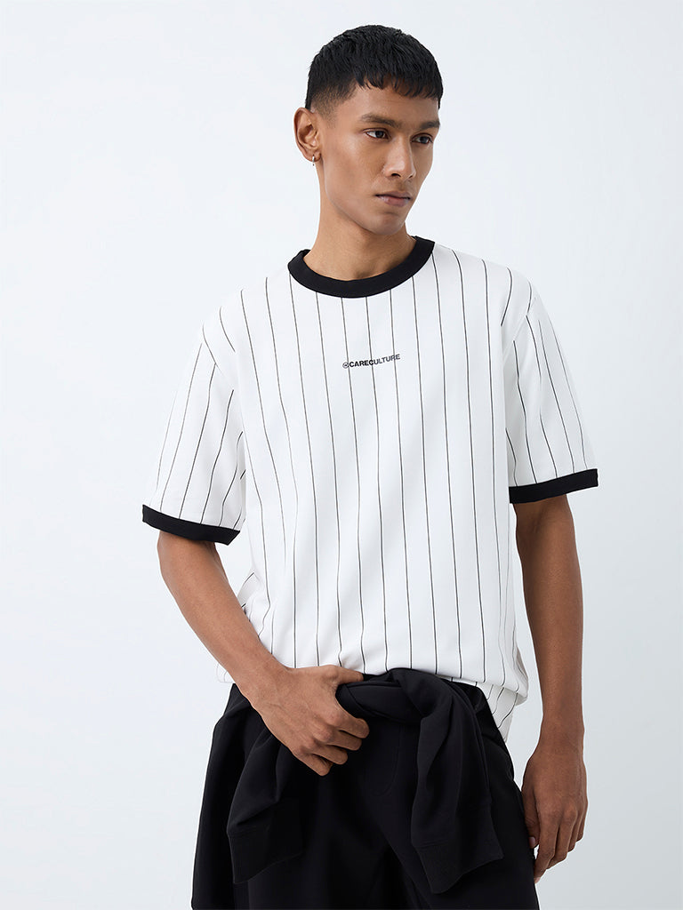 Nuoflexx White and Black Striped Relaxed-Fit Cotton-Blend T-Shirt