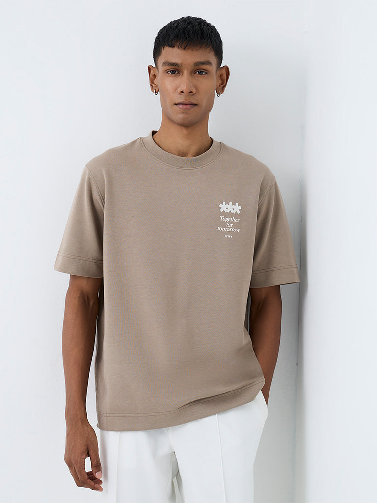 Nuoflexx Taupe Text Pattern Relaxed-Fit Cotton-Blend T-Shirt