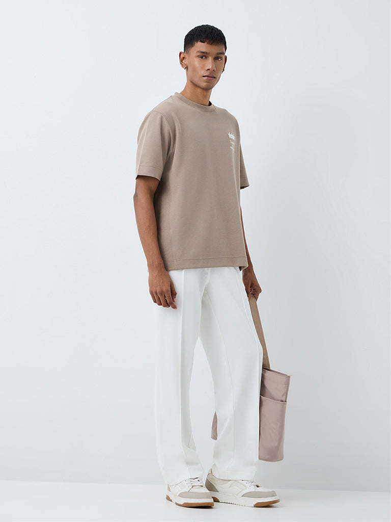 Nuoflexx Taupe Text Pattern Relaxed-Fit Cotton-Blend T-Shirt