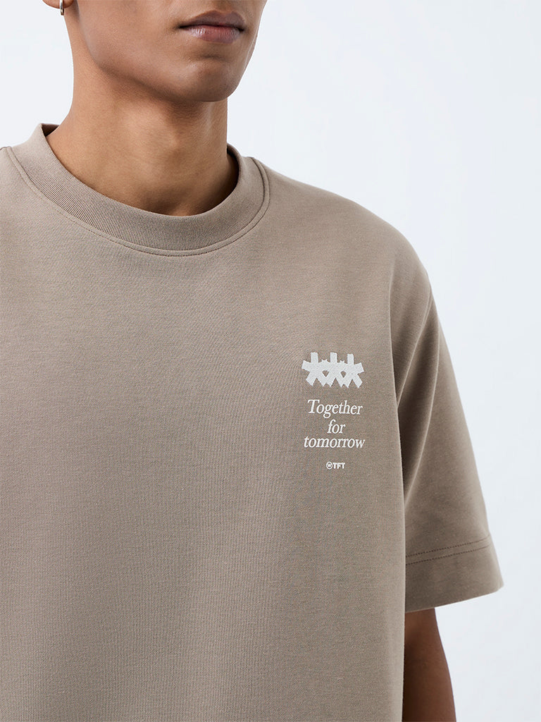 Nuoflexx Taupe Text Pattern Relaxed-Fit Cotton-Blend T-Shirt