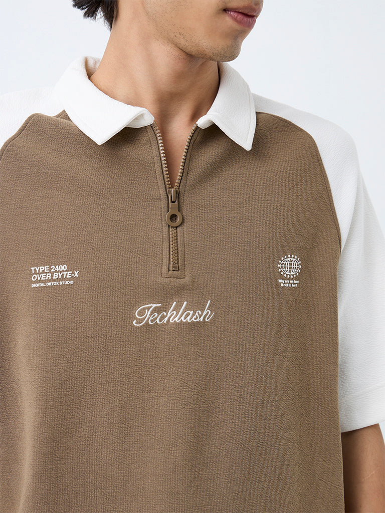 Nuoflexx Taupe Colour-Blocked Relaxed-Fit Quarter-Zip Cotton-Blend Polo T-Shirt
