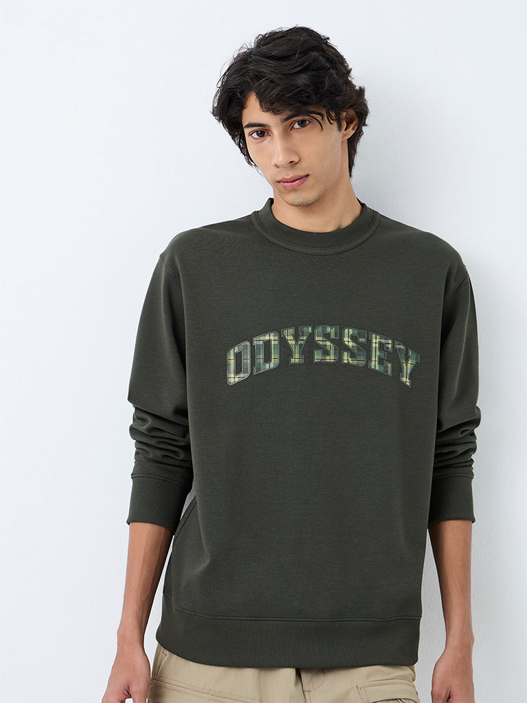 Nuoflexx Dark Olive Text-Design Relaxed-Fit Cotton-Blend Sweatshirt
