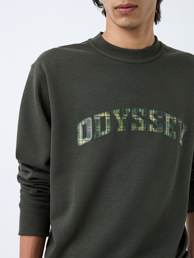 Nuoflexx Dark Olive Text-Design Relaxed-Fit Cotton-Blend Sweatshirt