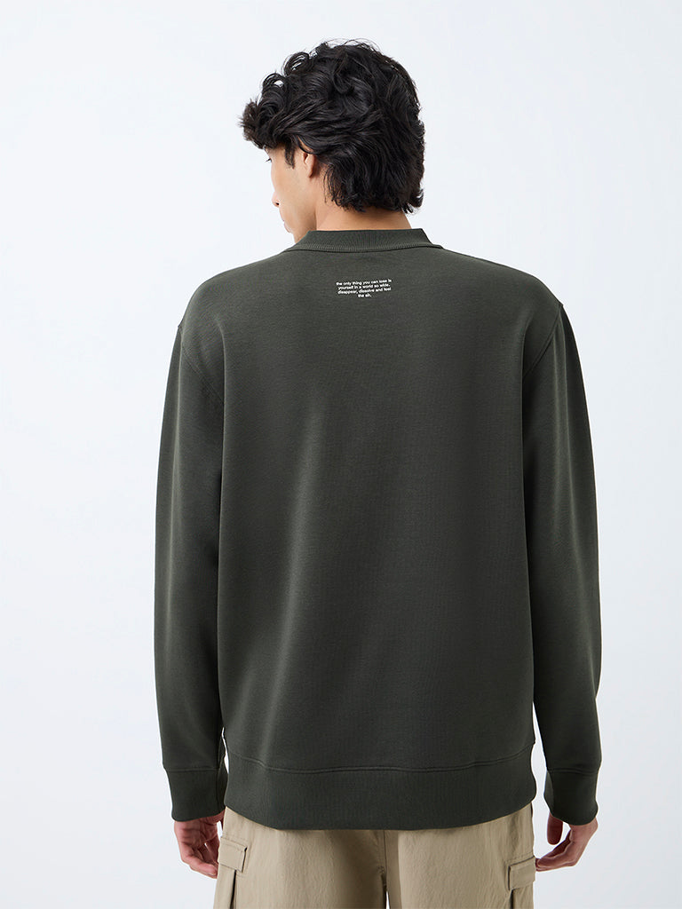Nuoflexx Dark Olive Text-Design Relaxed-Fit Cotton-Blend Sweatshirt