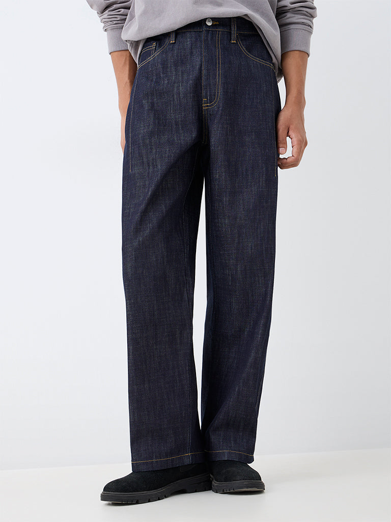 Nuon Dark Blue Washed Barrel-Fit Mid-Rise Jeans