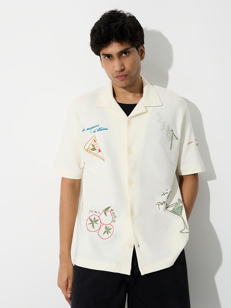Nuon Cream Italian Food Embroidered Relaxed-Fit Cotton Shirt