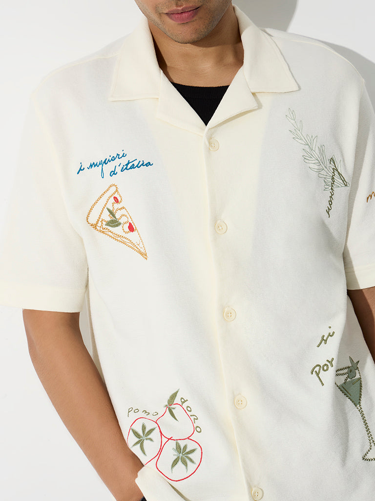 Nuon Cream Italian Food Embroidered Relaxed-Fit Cotton Shirt