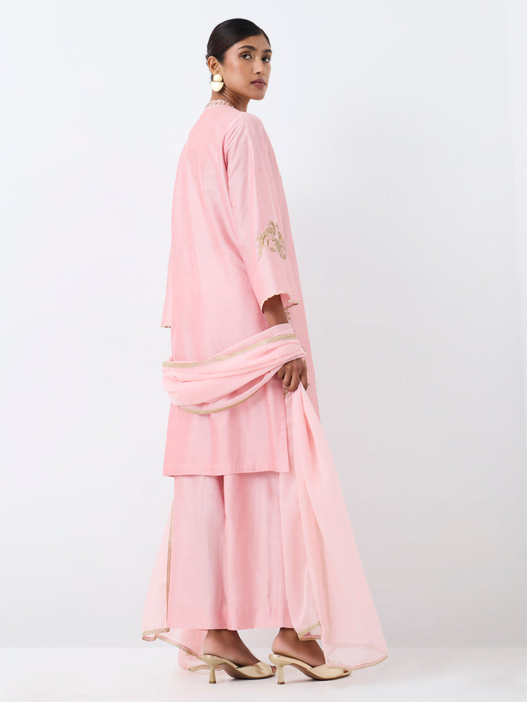 Vark Light Pink Floral Embroidered Straight Ethnic Set
