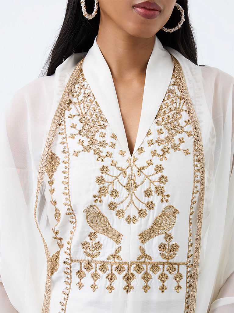 Vark Off-White Nature-Theme Embroidered A-Line Ethnic Set