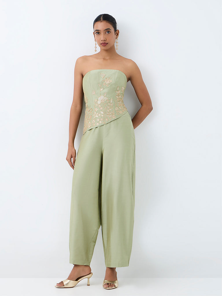 Vark Sage Floral Embroidered Tube Top and Barrel Pants Ethnic Set