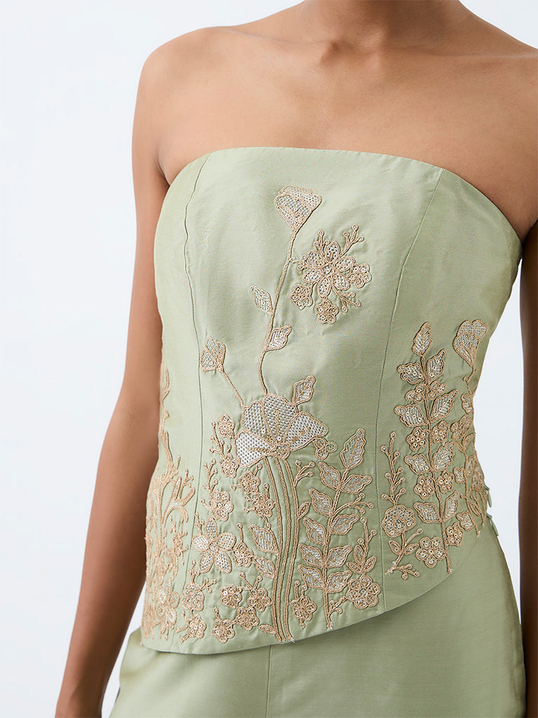Vark Sage Floral Embroidered Tube Top and Barrel Pants Ethnic Set