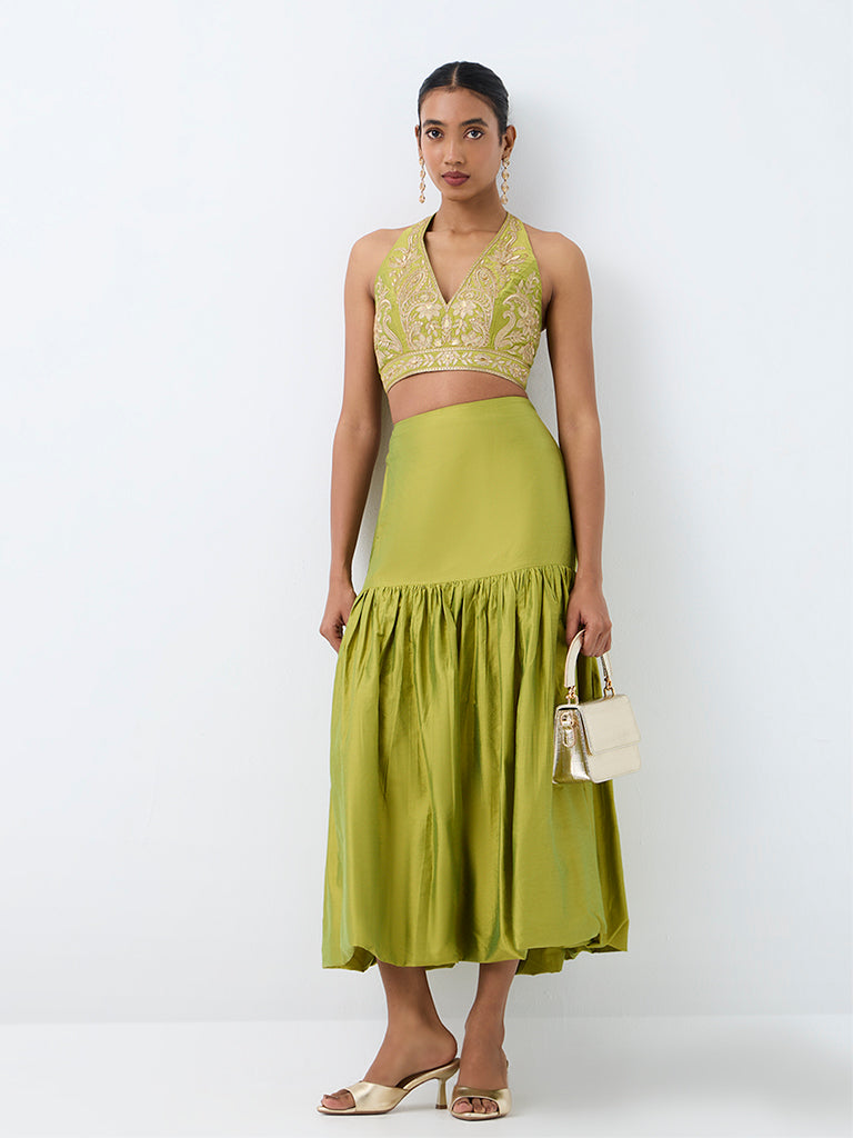Vark Lime Floral Embroidered Halter-Neck Crop Top