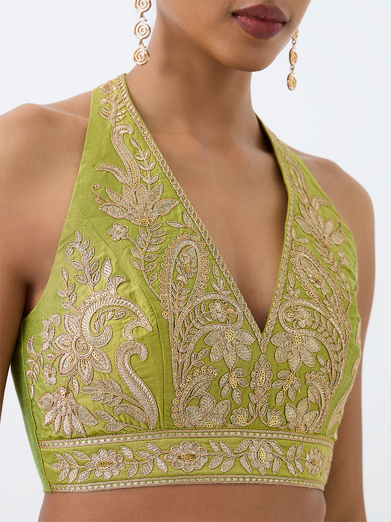 Vark Lime Floral Embroidered Halter-Neck Crop Top