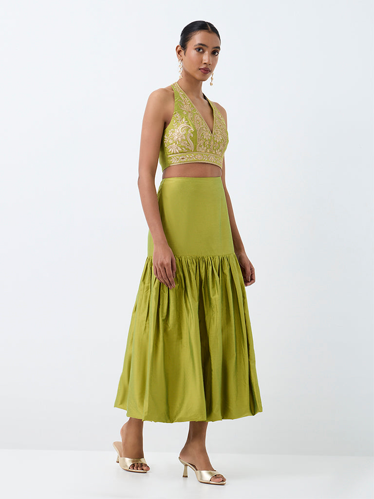 Vark Lime Solid Tiered Midi Skirt