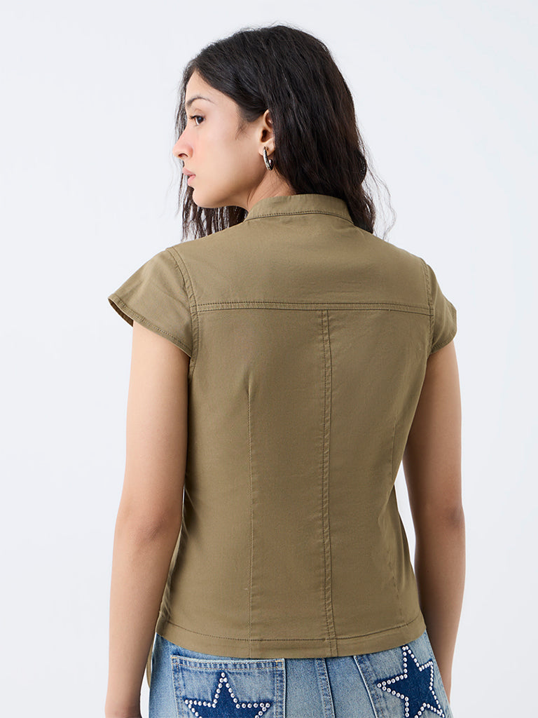 Nuon Khaki Pocket-Detailed Cotton-Blend Top