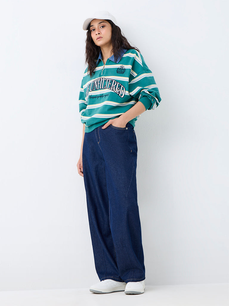 Nuon Teal Striped Quarter-Zip Cotton Sweatshirt