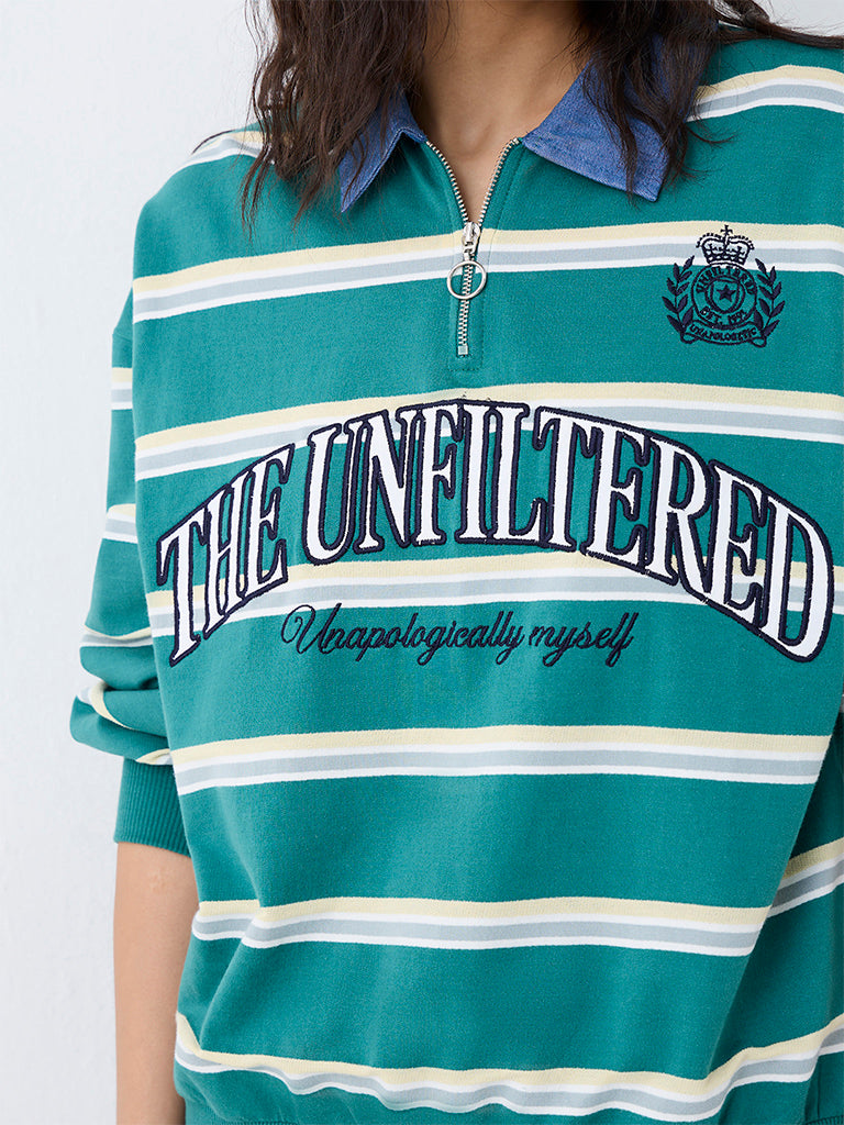 Nuon Teal Striped Quarter-Zip Cotton Sweatshirt