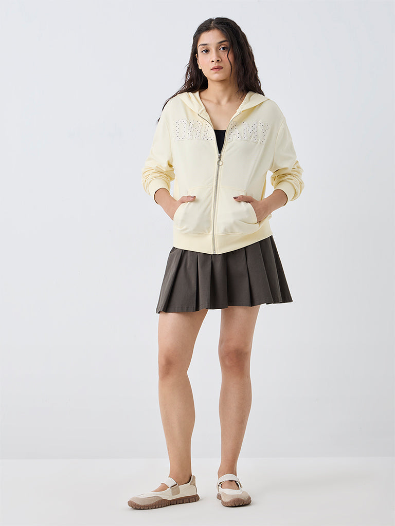 Nuon Light Yellow Text Embroidered Hooded Jacket