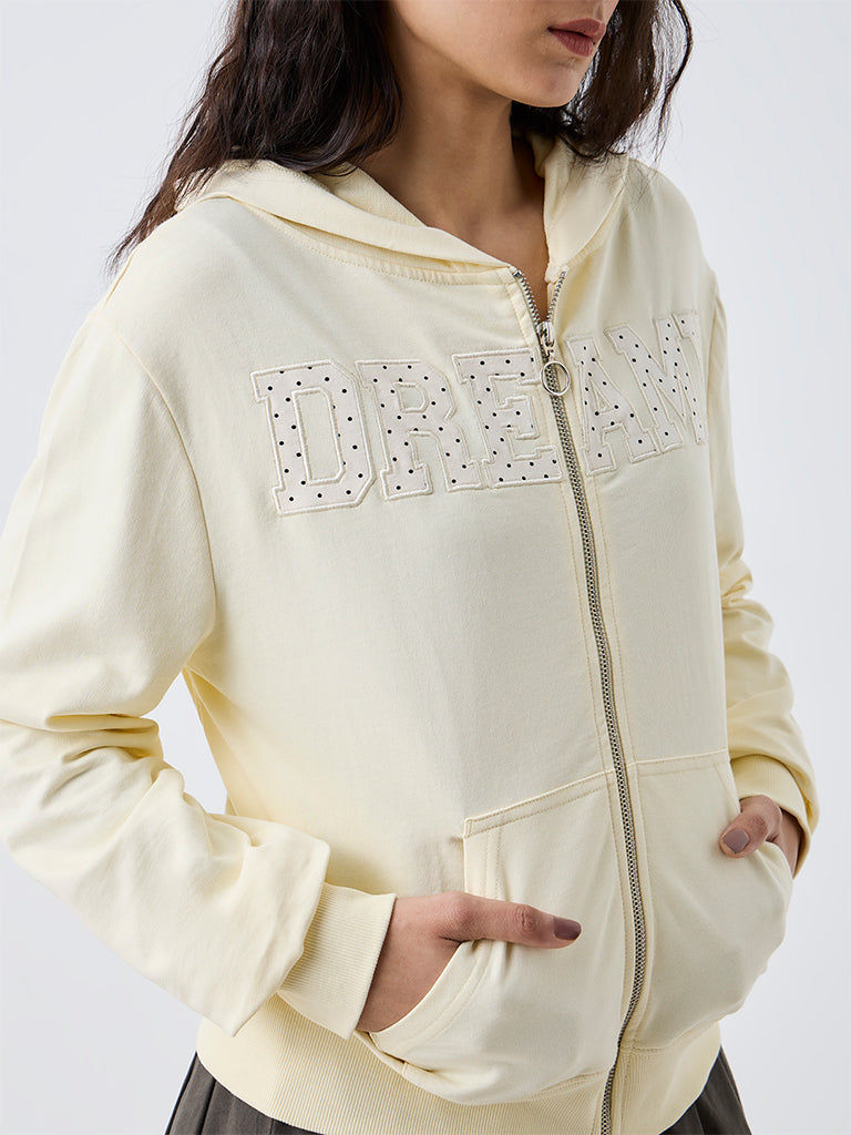Nuon Light Yellow Text Embroidered Hooded Jacket
