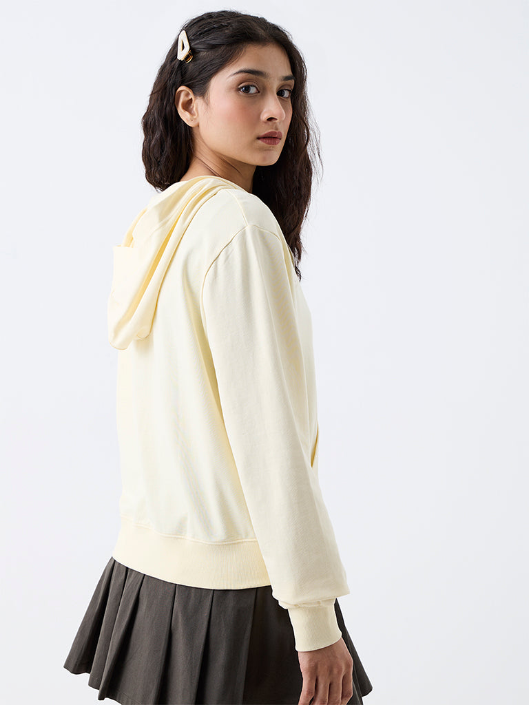 Nuon Light Yellow Text Embroidered Hooded Jacket