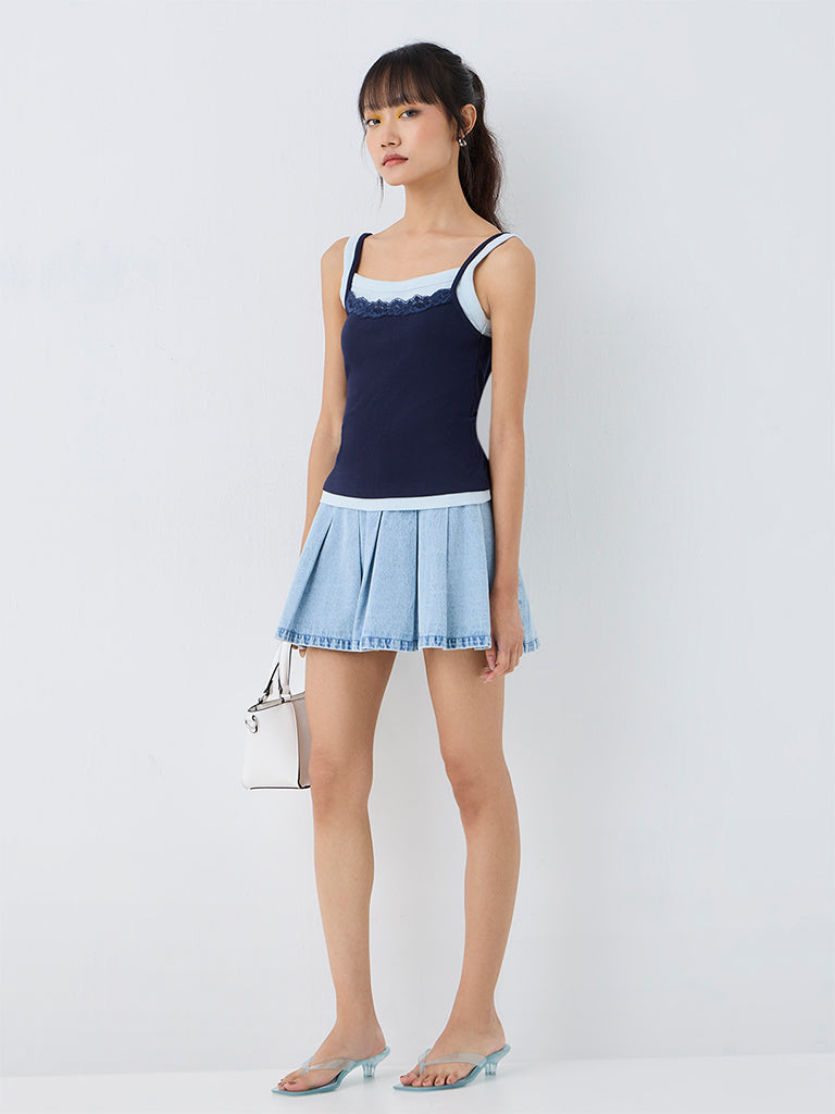 Nuon Blue Floral Lace Double Effect Cotton Top