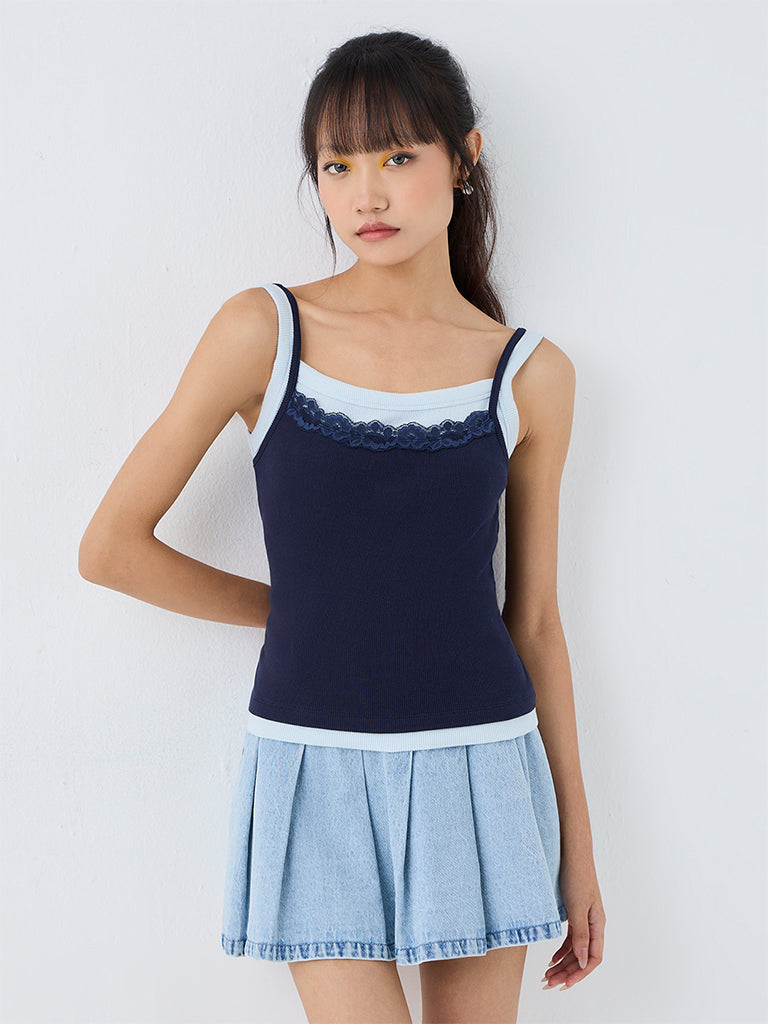 Nuon Blue Floral Lace Double Effect Cotton Top