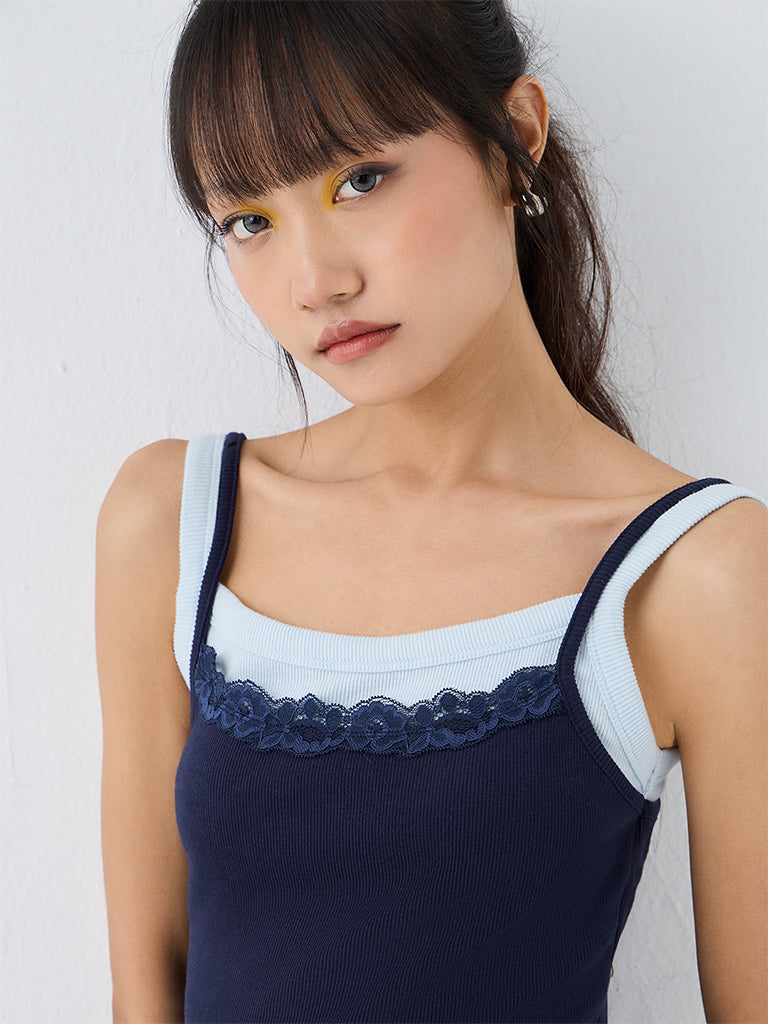 Nuon Blue Floral Lace Double Effect Cotton Top