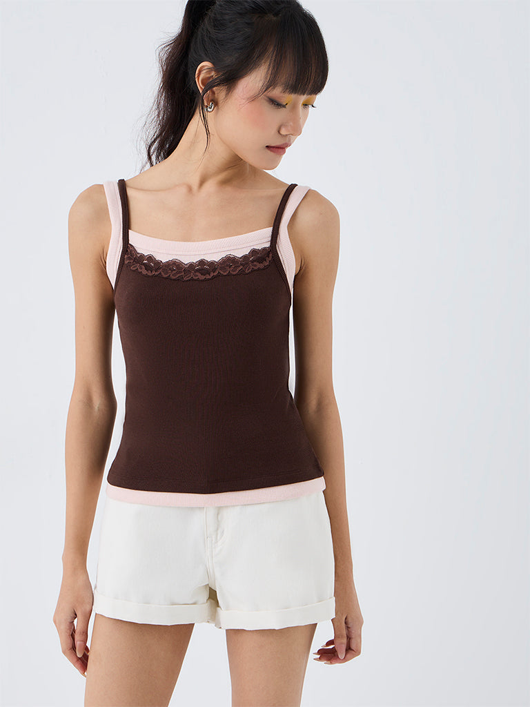 Nuon Brown Floral Lace Double Effect Cotton Top