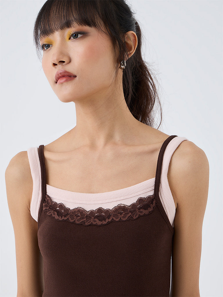 Nuon Brown Floral Lace Double Effect Cotton Top