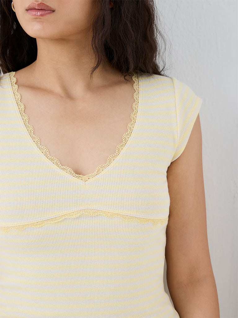 Nuon Yellow Striped Lace-Detailed Cotton Top