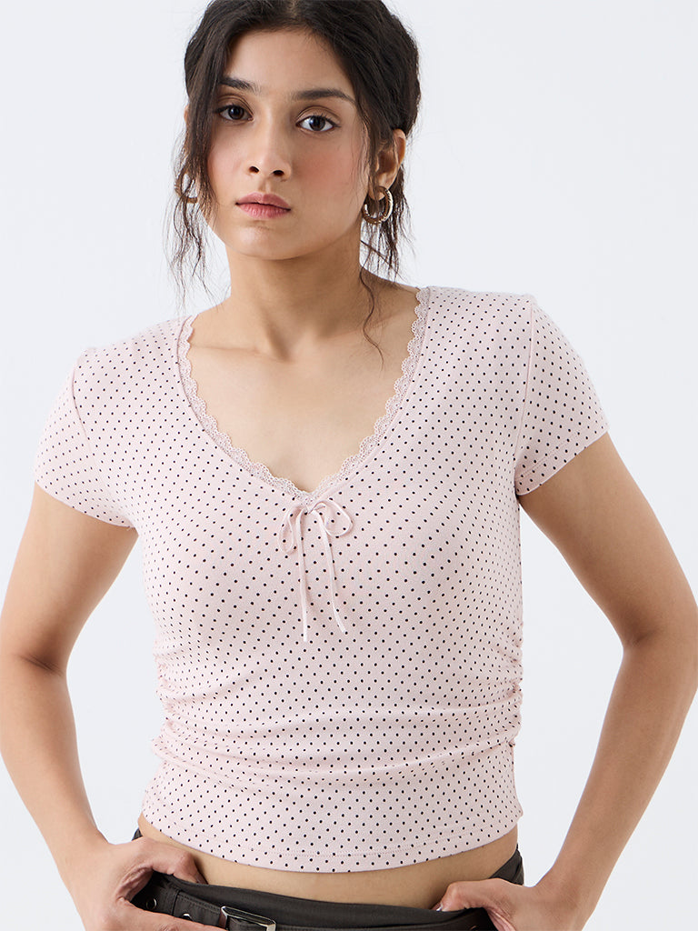 Nuon Light Pink Polka Dot Printed Top