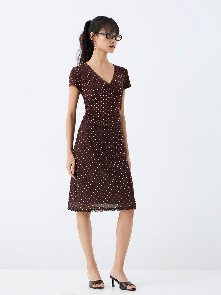 Nuon Dark Brown Polka Dot Printed Top