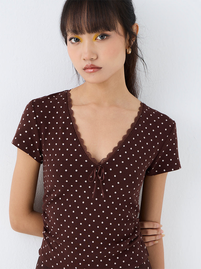 Nuon Dark Brown Polka Dot Printed Top