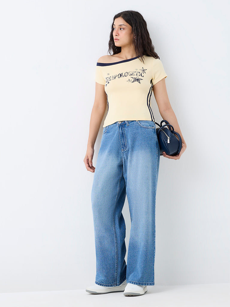 Nuon Yellow Text-Printed One-Shoulder Cotton Top
