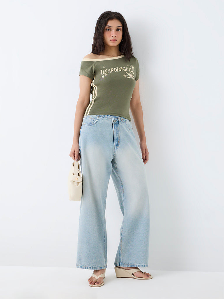 Nuon Olive Typographic One-Shoulder Cotton Top