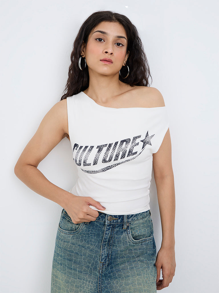 Nuon White Text Printed Off-Shoulder Top