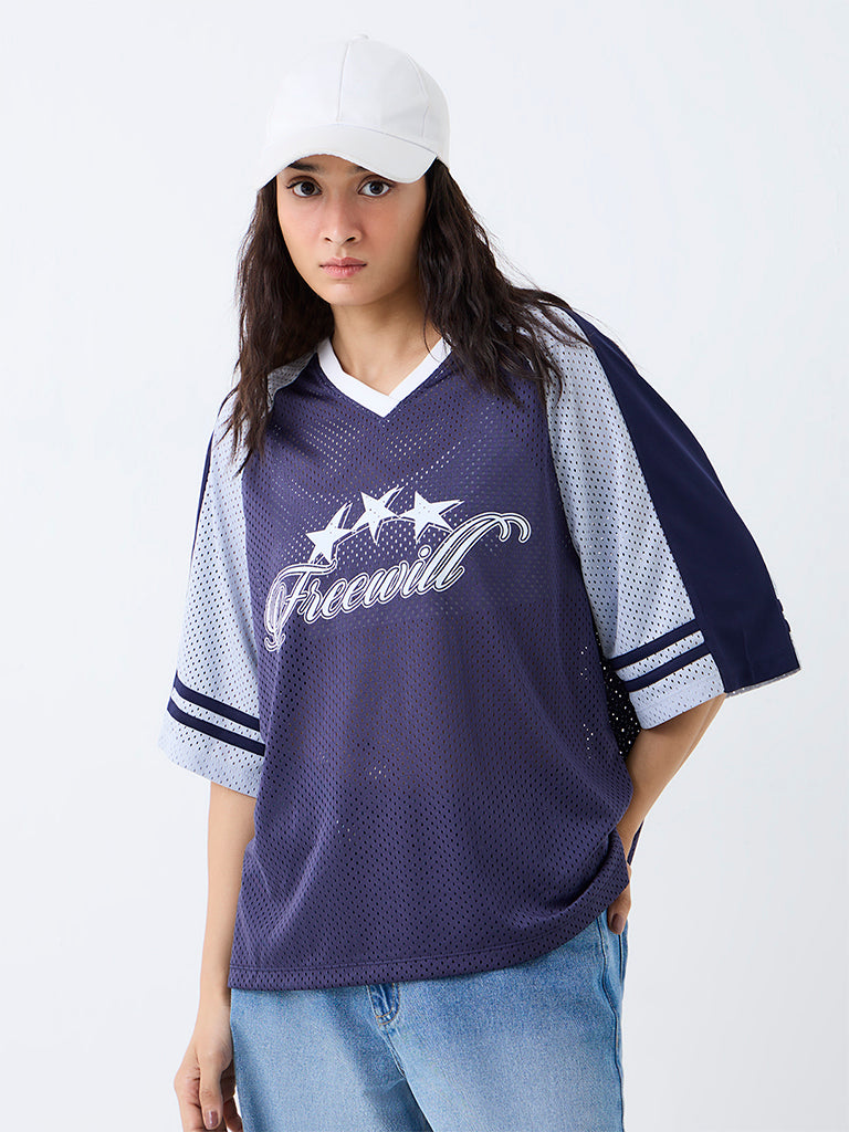 Nuon Navy Typographic Mesh Cotton T-Shirt