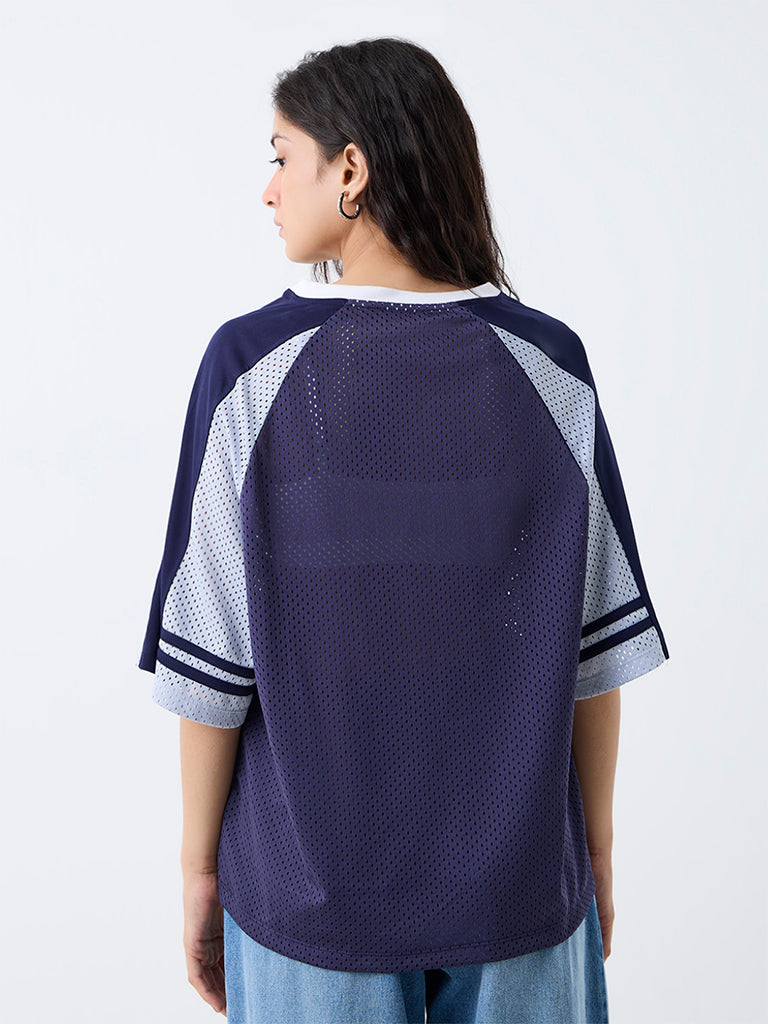 Nuon Navy Typographic Mesh Cotton T-Shirt