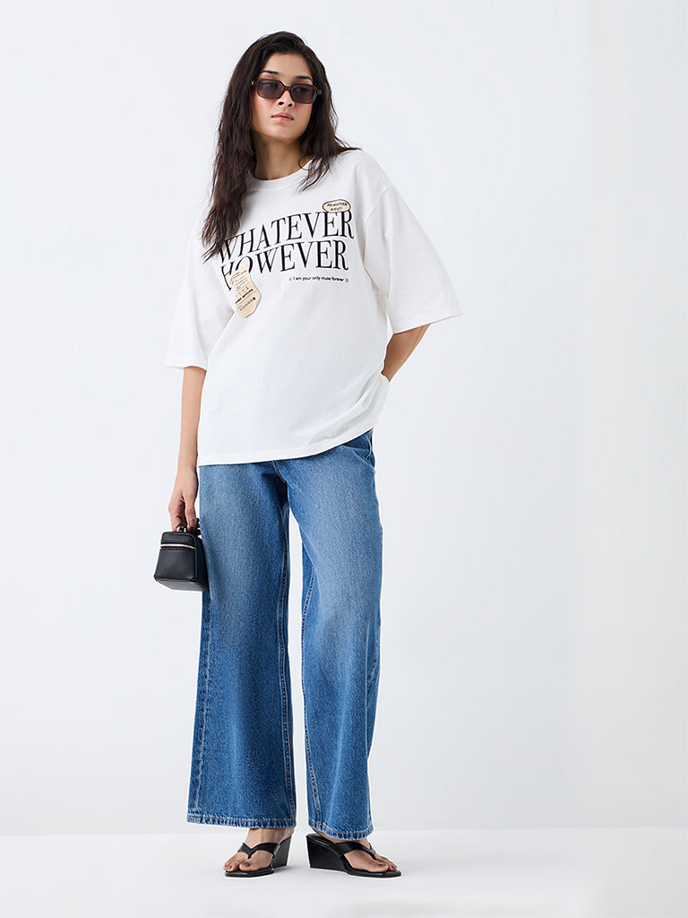 Nuon White Text Printed Cotton T-Shirt