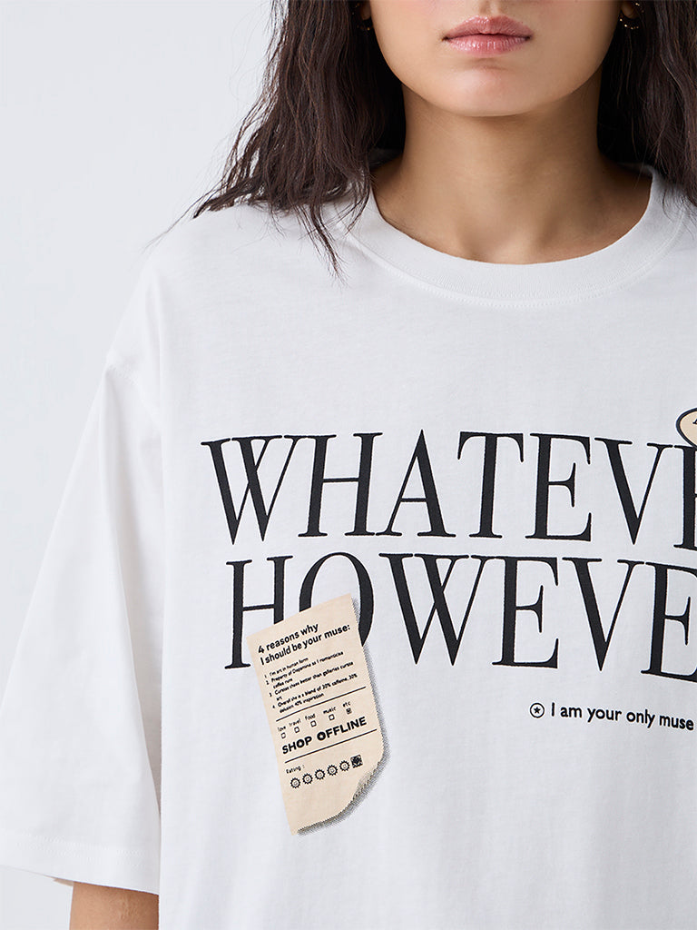 Nuon White Text Printed Cotton T-Shirt