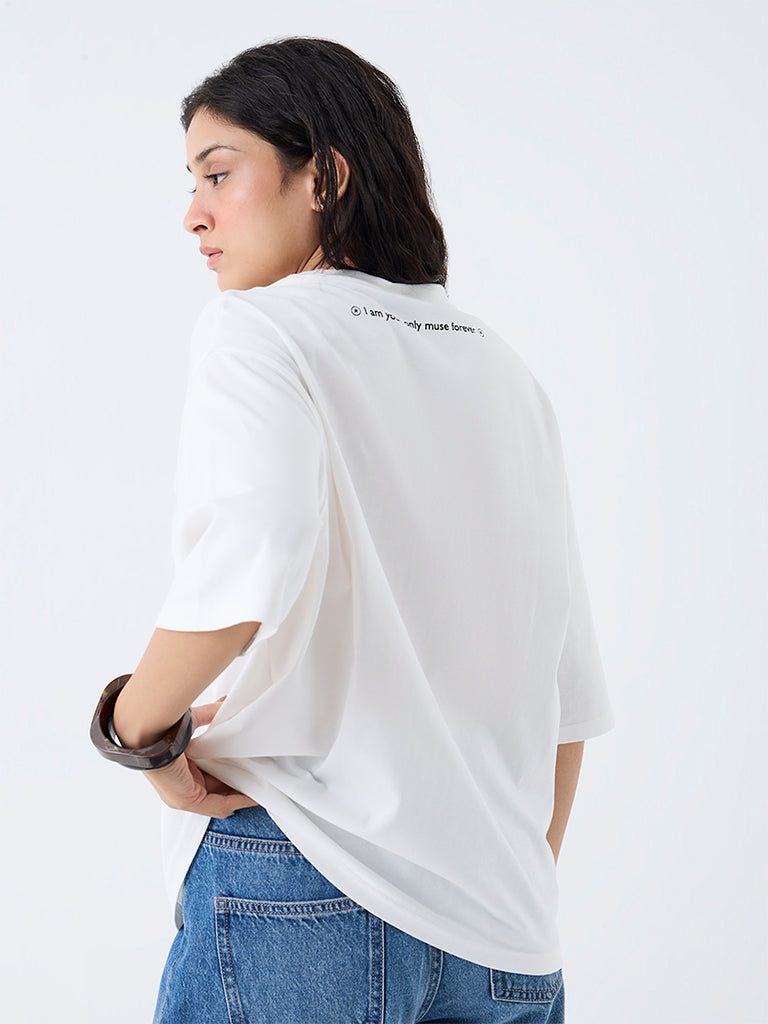 Nuon White Text Printed Cotton T-Shirt