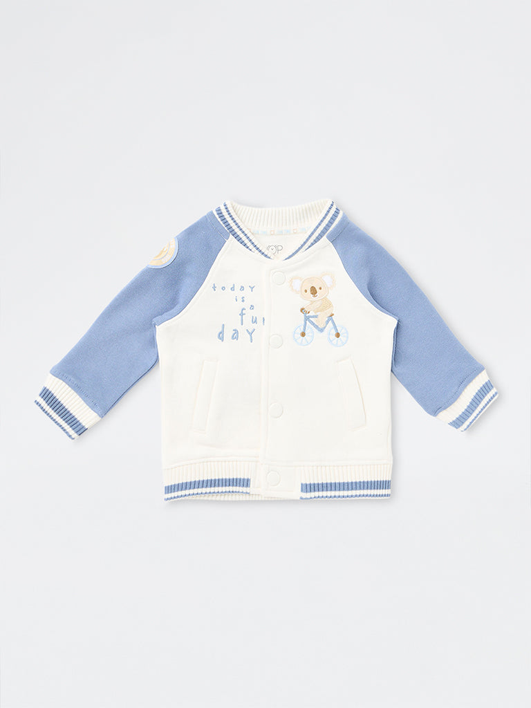 HOP Baby Boys Dusty Blue Animal Embroidered Cotton-Blend Varsity Jacket